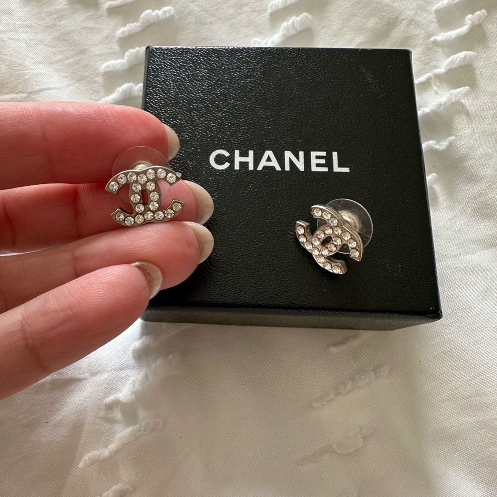 Chanel Silver Logo Earrings
